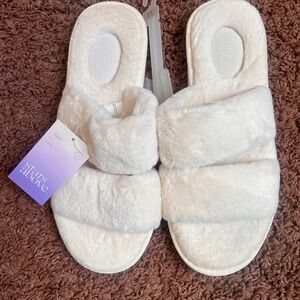 Stars Above Plush Slippers Fuzzy Slide Open Toe‎ Comfy Cozy Cream Size 11